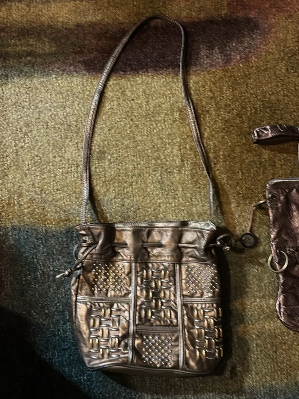 Studded Woven Drawstring Hobo Bag - Bronze